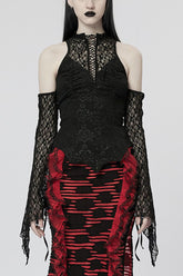 Black Off Shoulder Jacquard Hollow Stitching Lace Womens Gothic T-Shirt